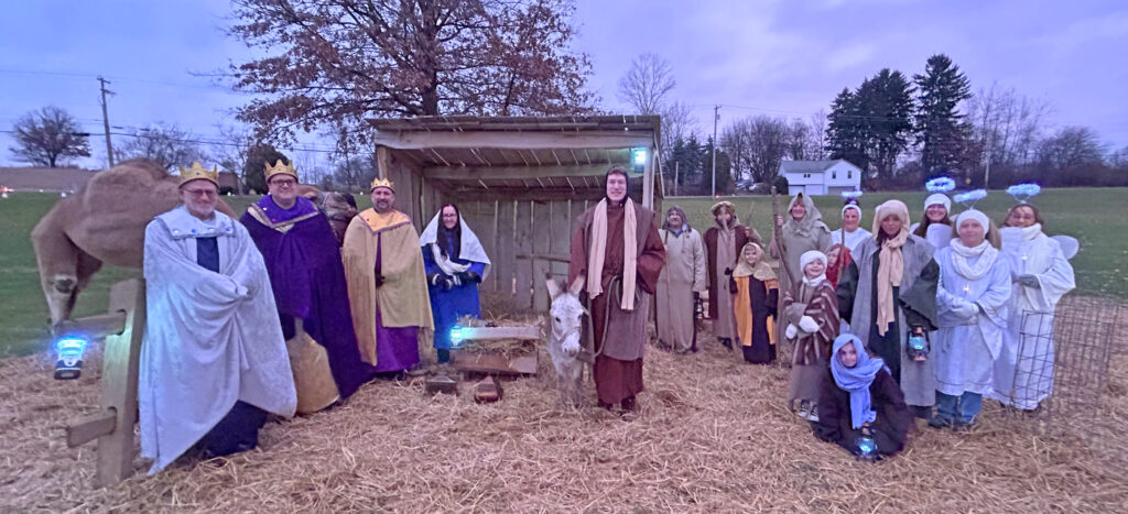 Concordia at Cabot's Live Nativity 2023 full cast photo of Mary, Joseph, wise men, shepherds, angels and villagers