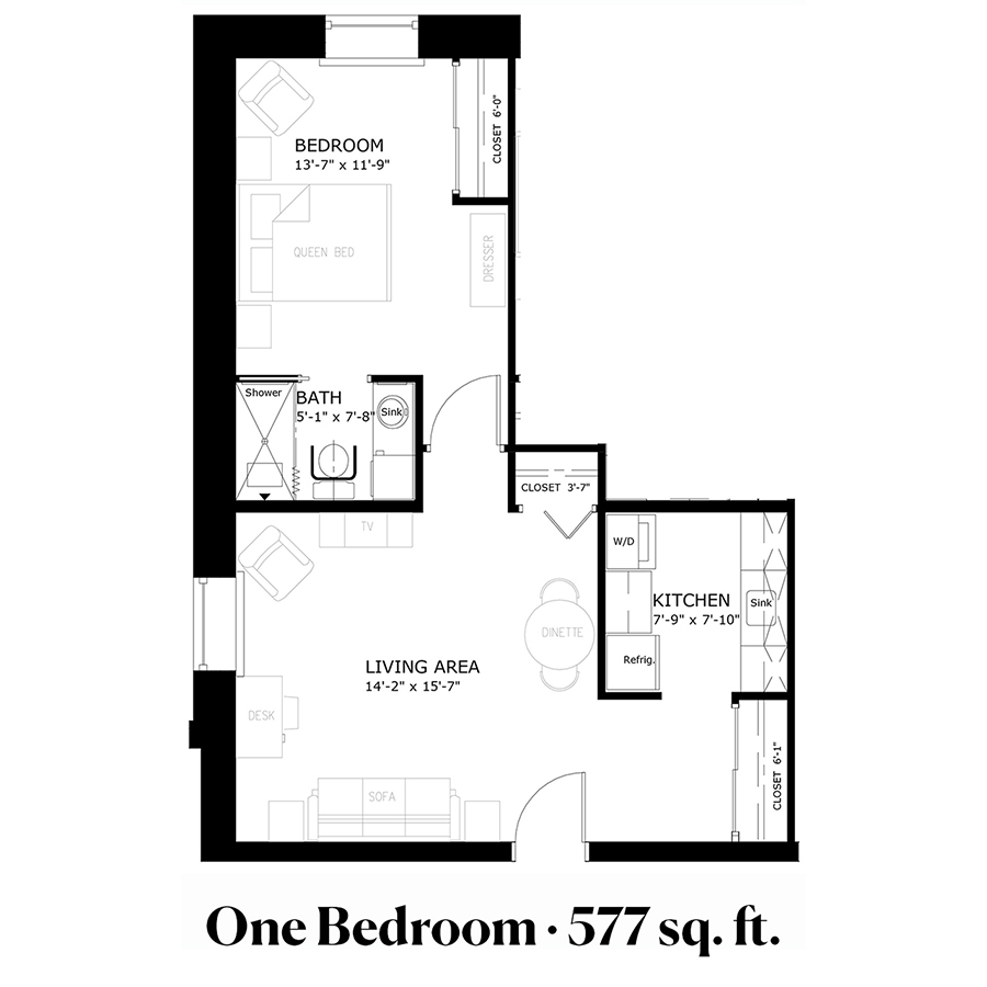 Floor plan of a one-bedroom apartment, 577 sq. ft.