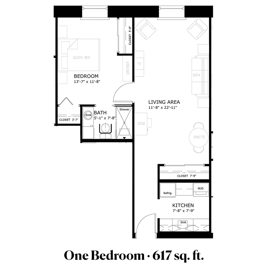 One-bedroom apartment floor plan, 617 square feet layout.