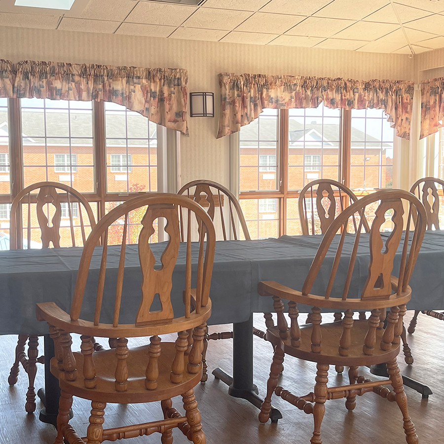 Wooden chairs around a table, bright windows, soft curtains.