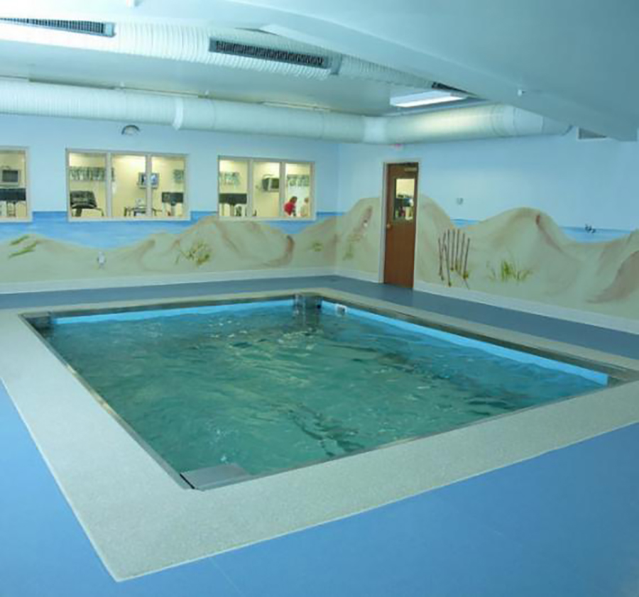Indoor pool with beach-themed mural on the walls.