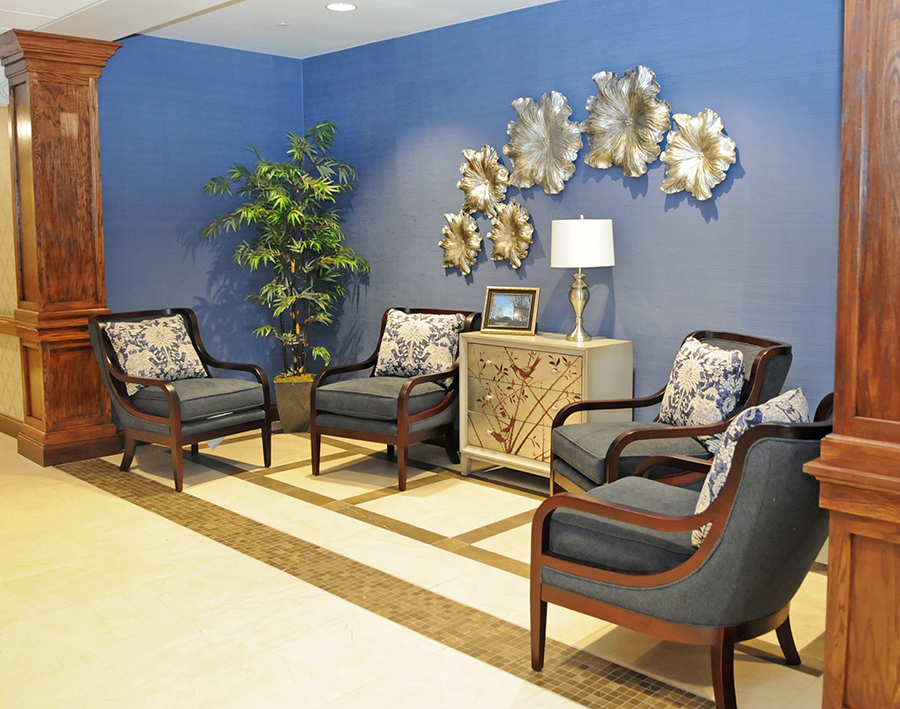 Cozy seating area with decorative blue wall and plants.