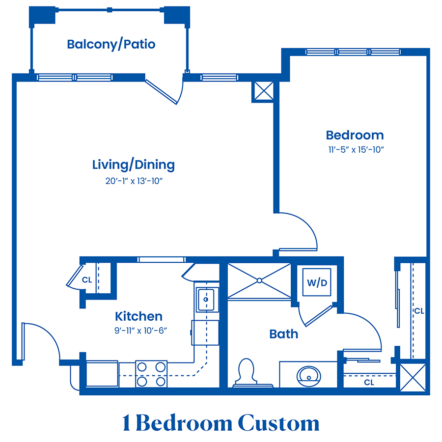 1-bedroom apartment floor plan with living and dining areas.