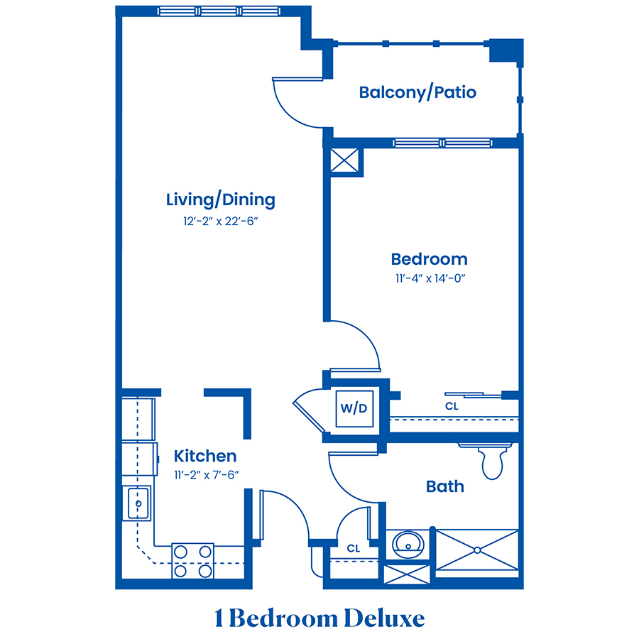One-bedroom apartment floor plan with dimensions and layout.
