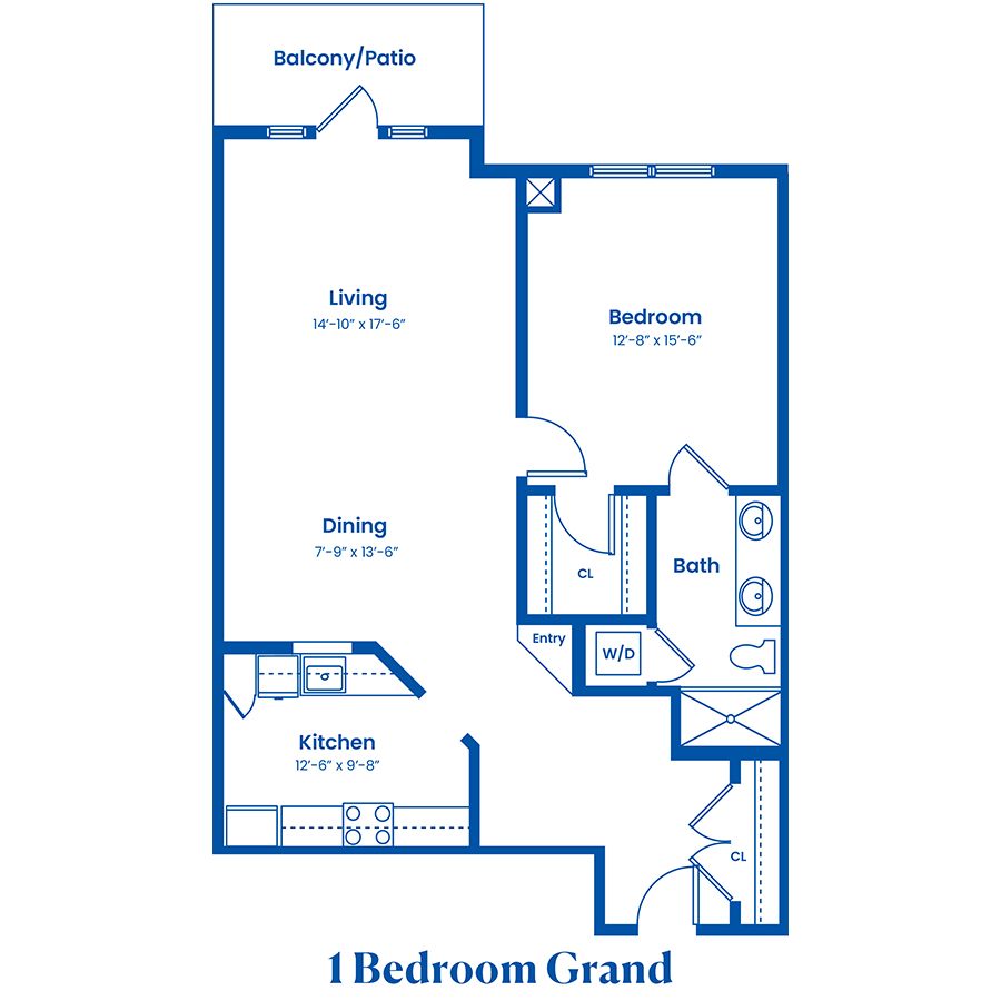 1-bedroom apartment floor plan with labeled rooms and dimensions.
