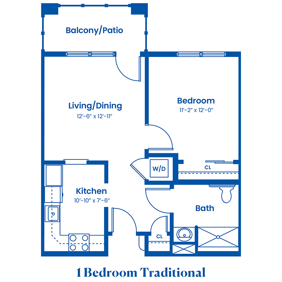 One-bedroom apartment floor plan with dimensions and layout.