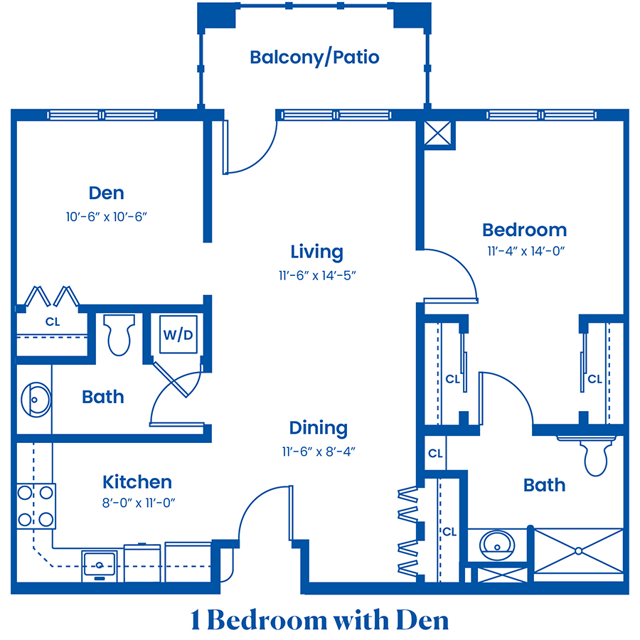 Floor plan of a one-bedroom apartment with den.