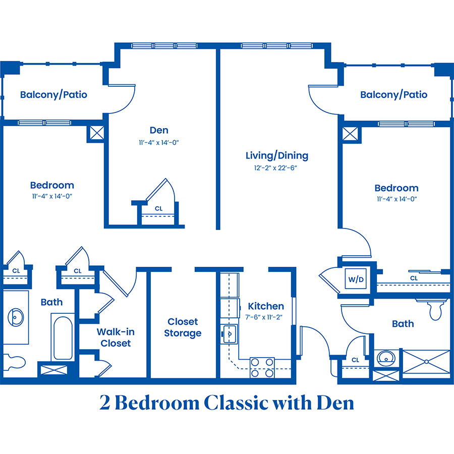 Apartment floor plan featuring two bedrooms and a den.