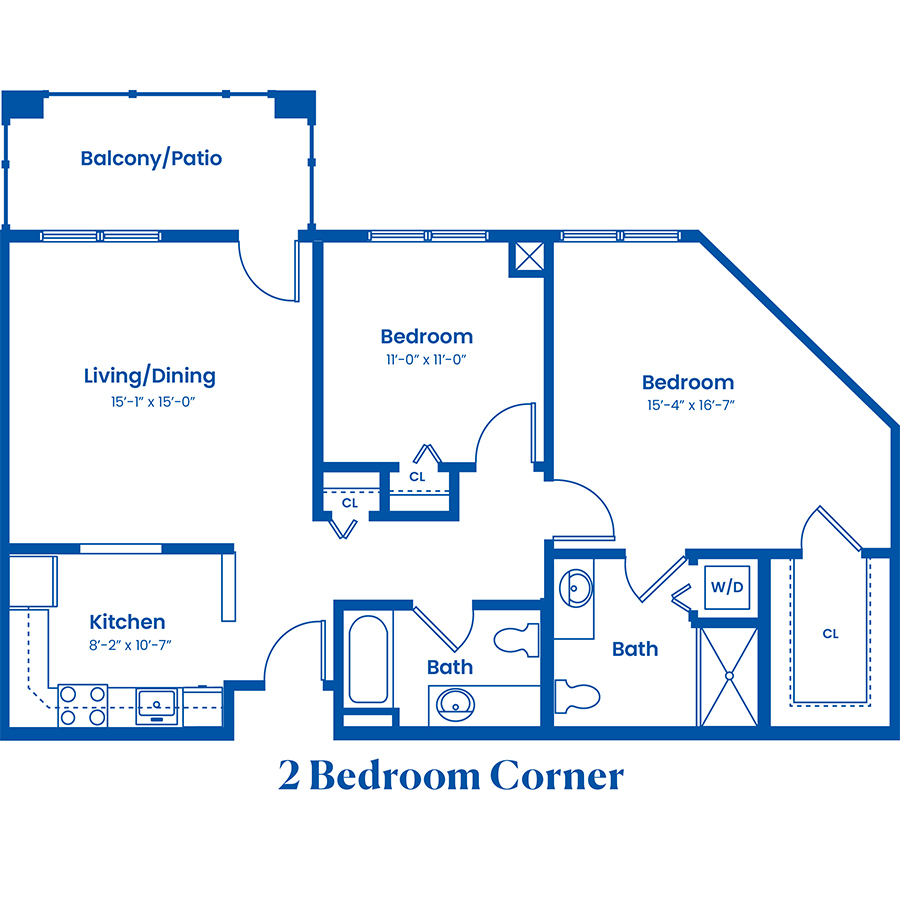 Floor plan of a two-bedroom corner apartment layout.