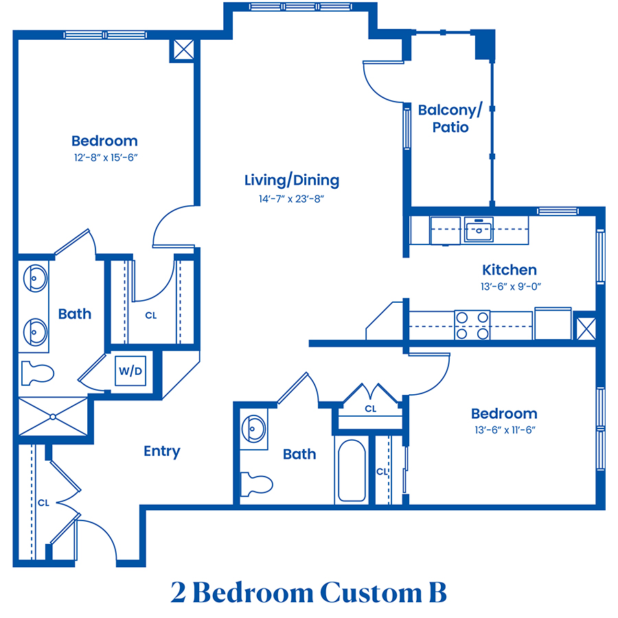 Two-bedroom apartment floor plan with living areas and baths.