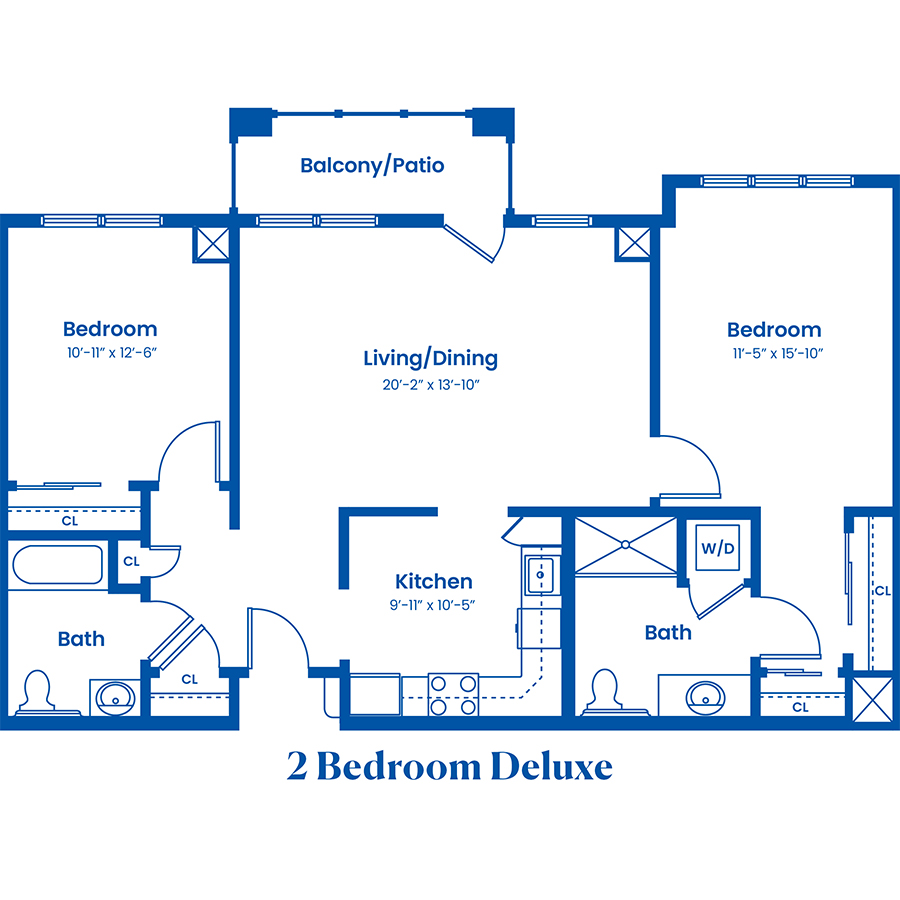 Floor plan of a two-bedroom deluxe apartment.