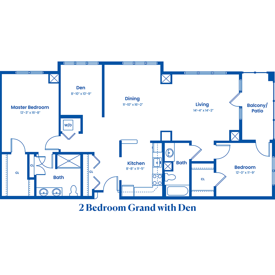 Blueprint of a two-bedroom apartment with den and patio.
