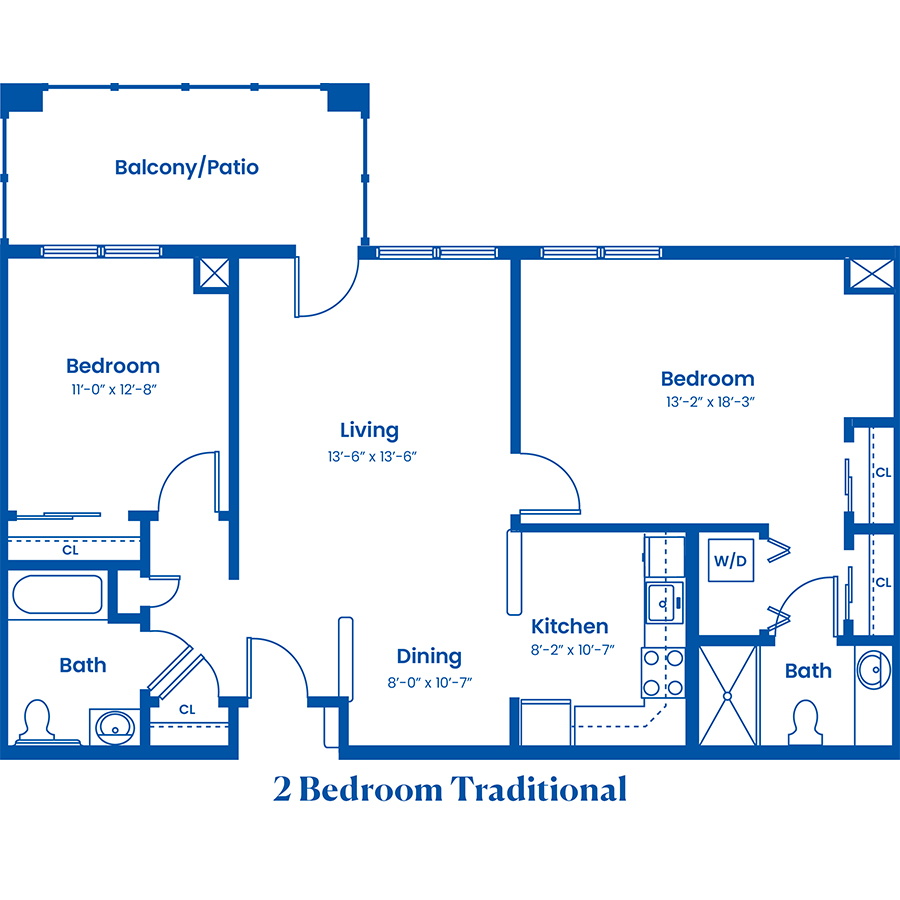 Two-bedroom apartment layout with living, dining, and kitchen areas.