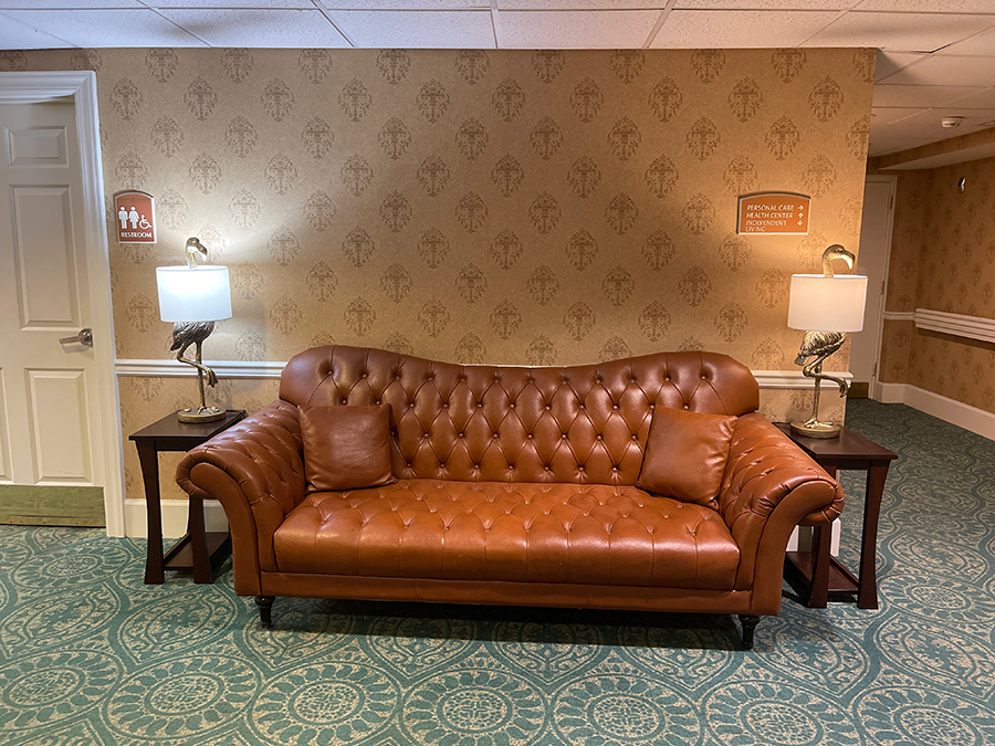 Leather couch in a decorative hallway with lamps.
