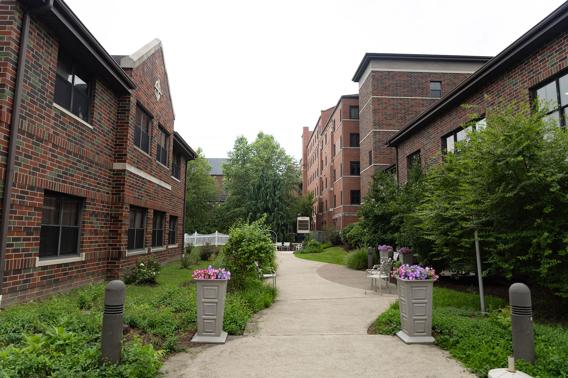 Pathway between buildings with greenery and flower planters.