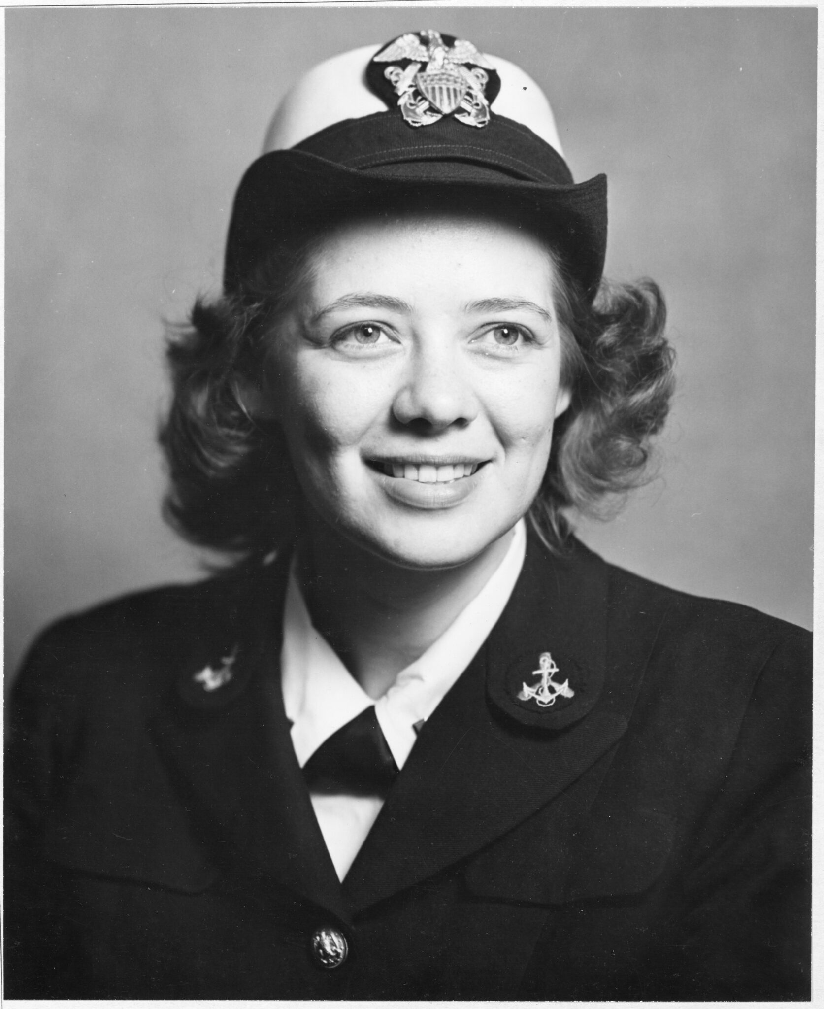 A black and white photo of Concordia resident Julia when she served in the US Navy WAVES as a code breaker