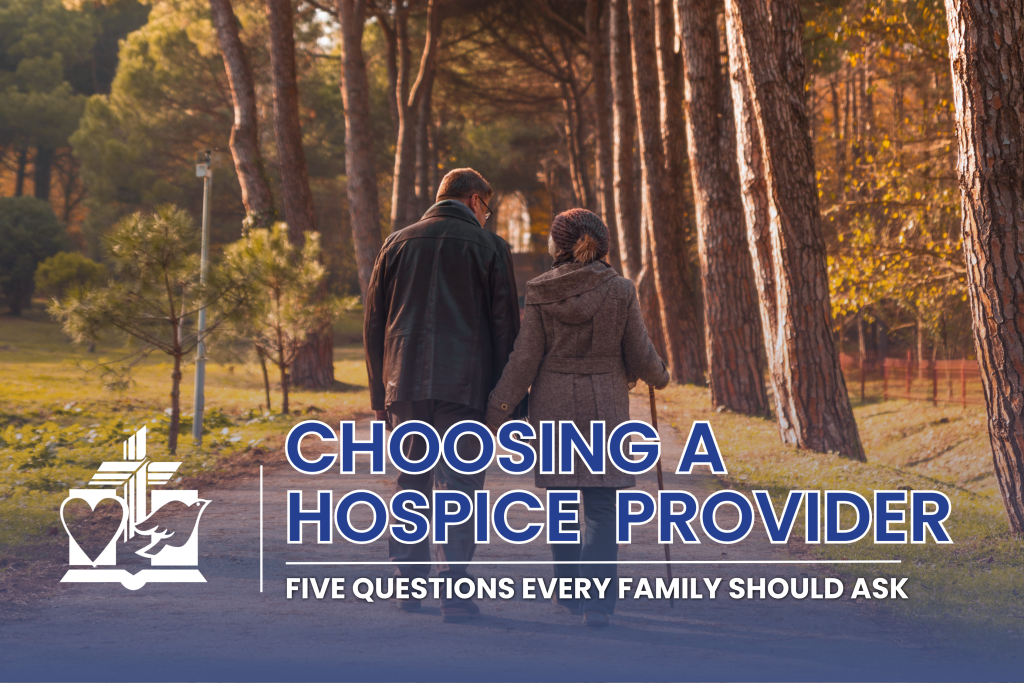 Choosing a Hospice Provider graphic with couple walking along a tree-line path at sunset