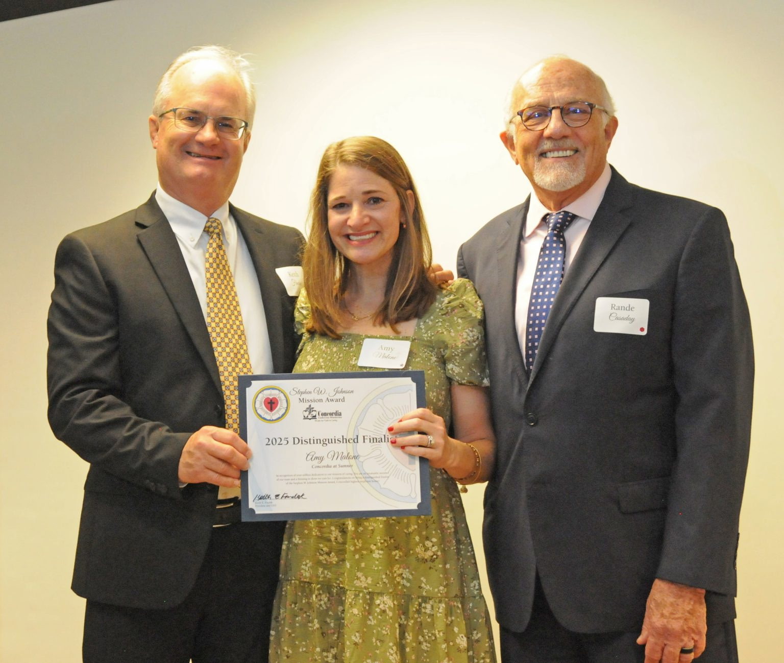 Amy Malone, a 2025 Stephen W. Johnson Mission Award distinguished finalist, pictured with Concordia CEO Keith Frndak and Concordia Board of Directors Vice-Chairman Rande Cassaday.